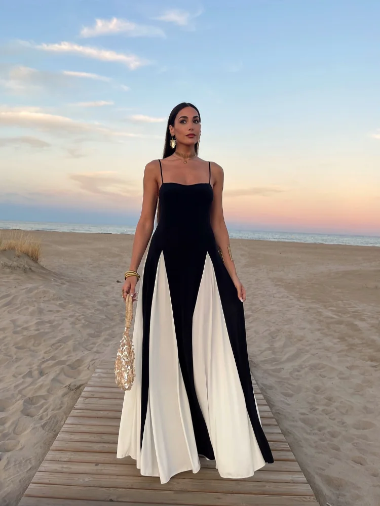 Women Elegant Contrasting Sling Long Dress Fashion Sleeveless Backless High Waist A-line Maxi Dresses Chic Lady Party Robes