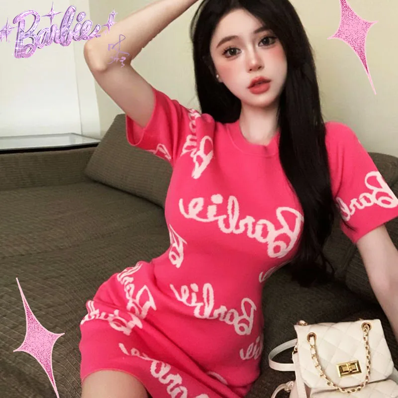 

Barbie One-Piece Dress Short Sleeved Hip Wrap Skirt Kawaii Slim Fitting Fashion Stylsih Movie Cute Letters Girls Gift Lovely