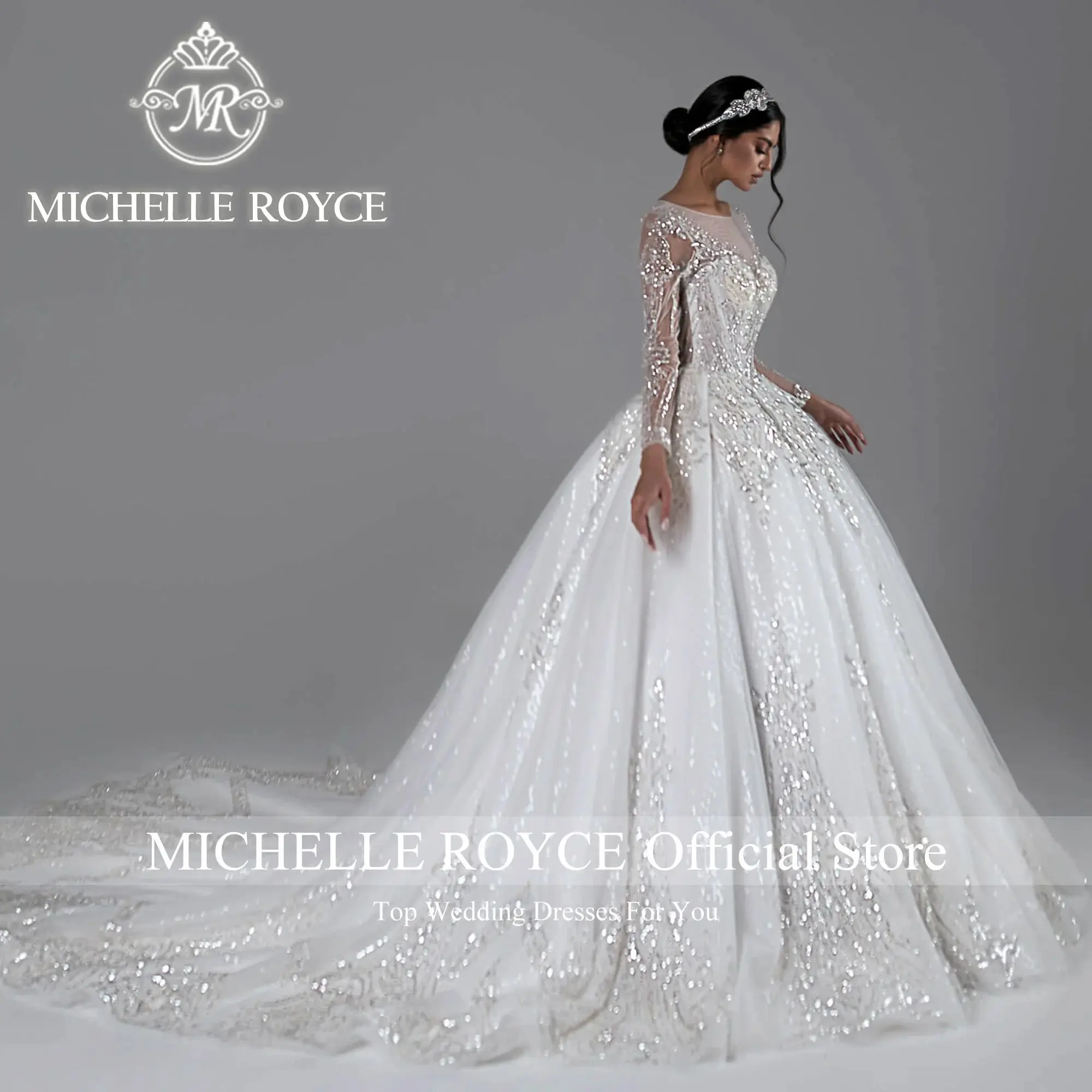 Michelle Royce Royal Wedding Dress Real photos Beading CRYSTAL Sequined Button Wedding Gown Vestidos Elegantes Para Mujer