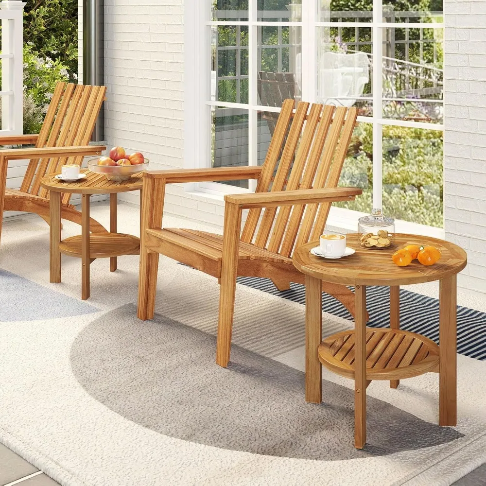 

Outdoor Round Side Table, 19.5 Inches Teak Wood Patio Table with Slatted Tabletop & Storage Shelf, 2-Tier Heavy, Customized