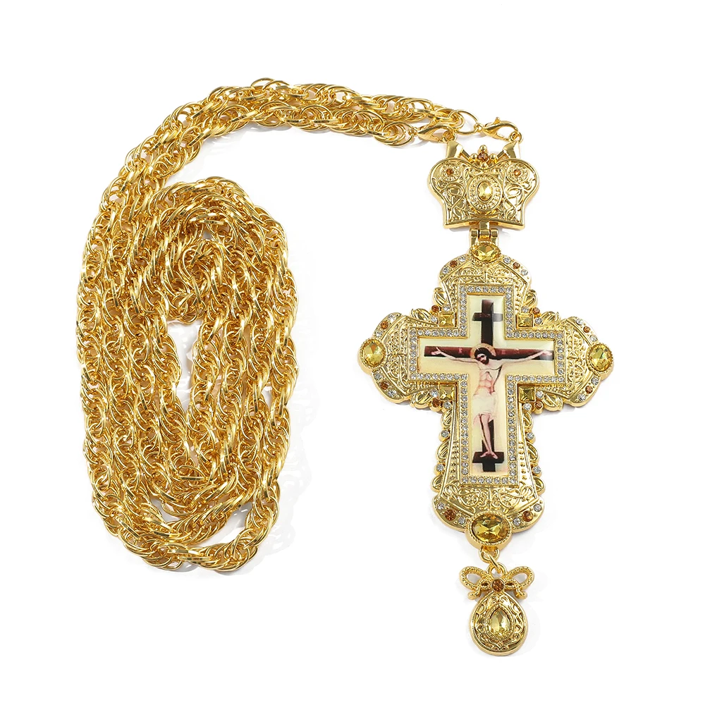 Gold Plated Pectoral Cross Christian Church Crown Necklace For Women Men Priest Crucifix Orthodox Baptism Gift Religious Icons