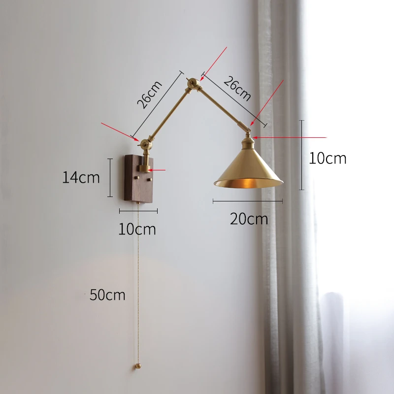 IWHD Pull Chain LED Interior Wall Light Fixtures Home Indoor Lighting Up And Down Adjustable Copper Arm Wandlamp Beside Lamp