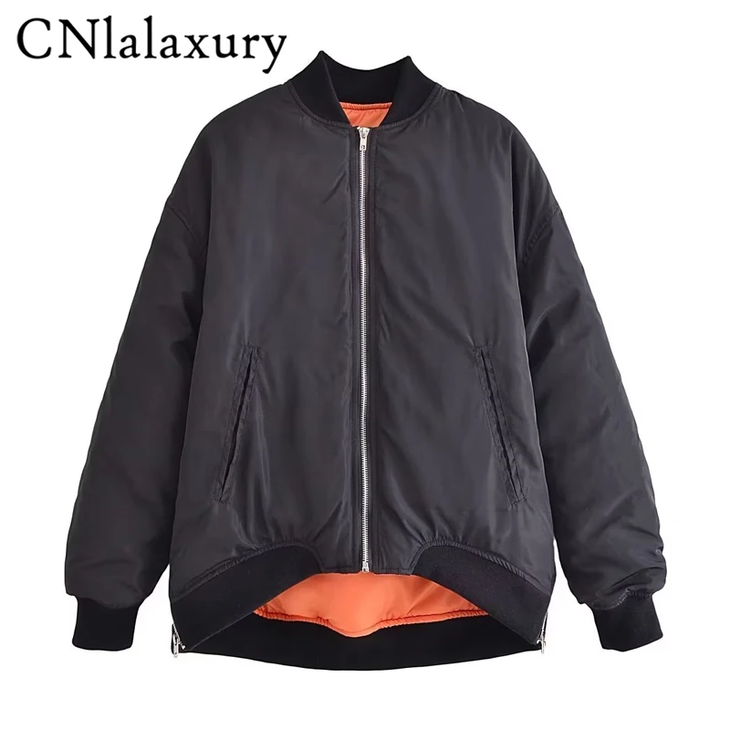 CNlalaxury Autumn Winter Casual Black Bomber Jacket Woman Warm Long Sleeves Cotton Clothes Zip Pocket Jackets Commute Outerwear