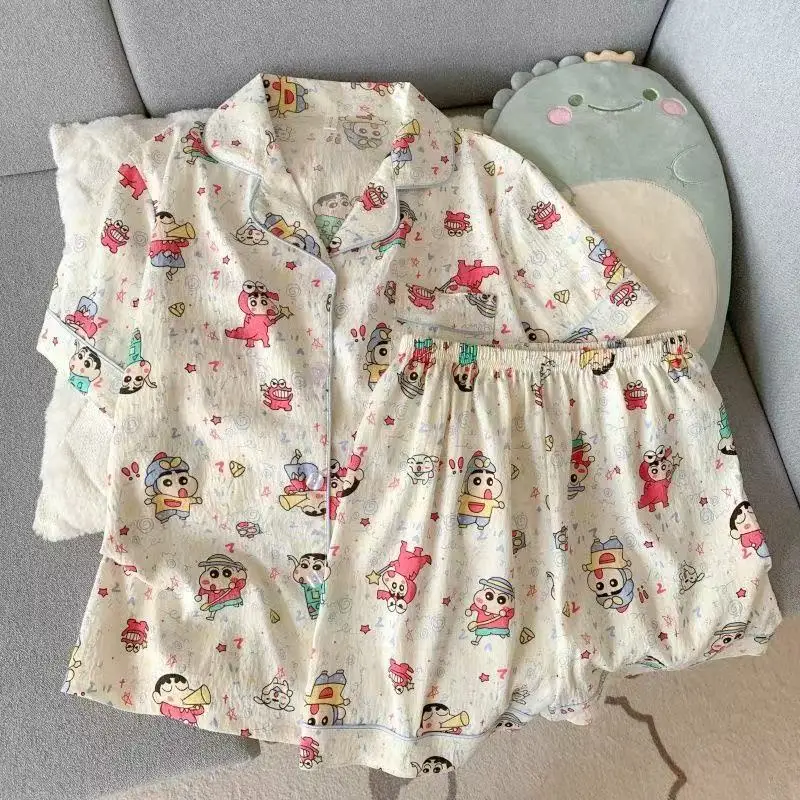 Cute Crayon Shin Chan Women's Pajamas Summer Short Sleeved Shorts Nightwear Cartoon Casual Student Lapel Neck Loungewear Girl