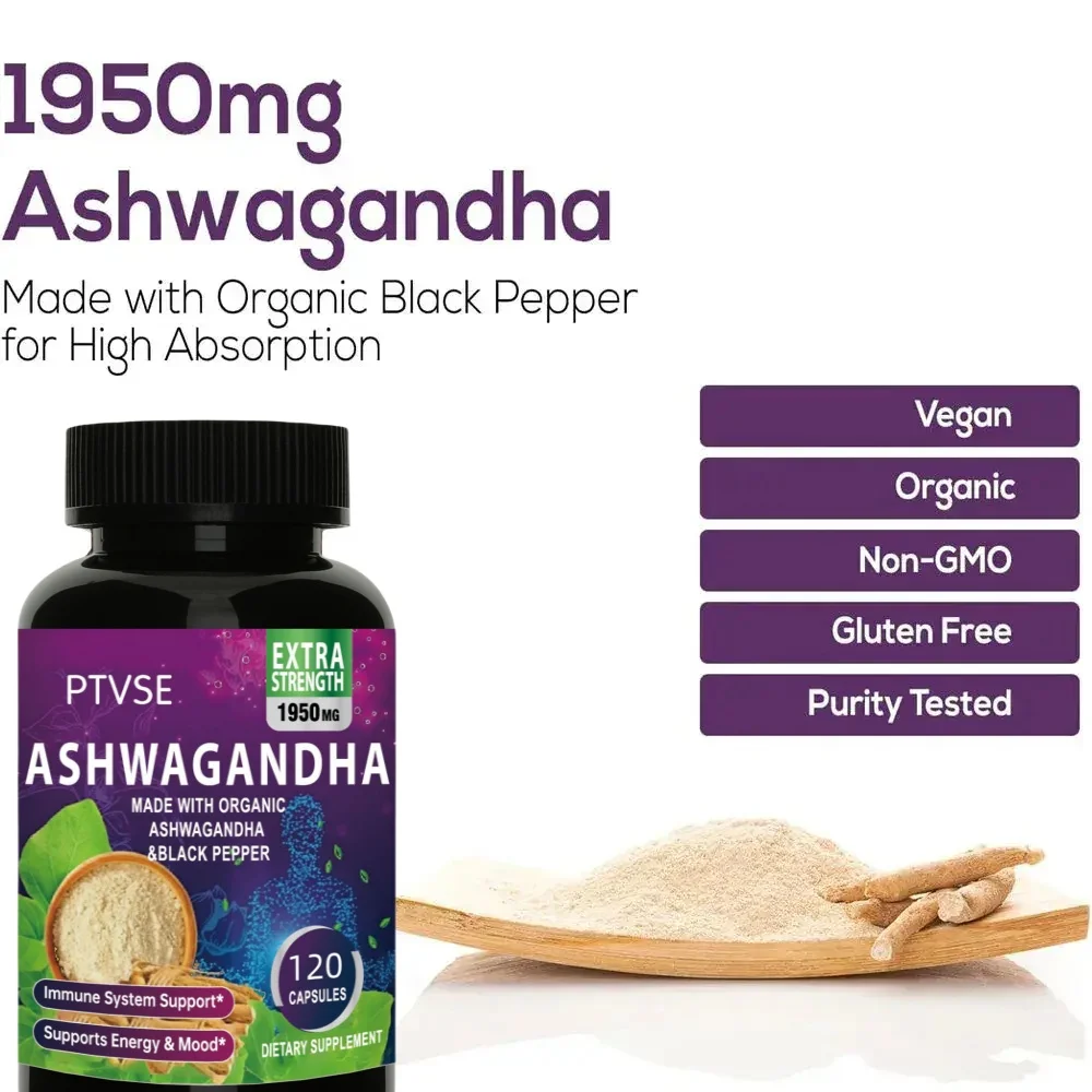 Ptvse Ashwagandha Capsules | Ashwagandha Extract Supplement | Boost Energy, Relieve Stress, Support Mood & Focus