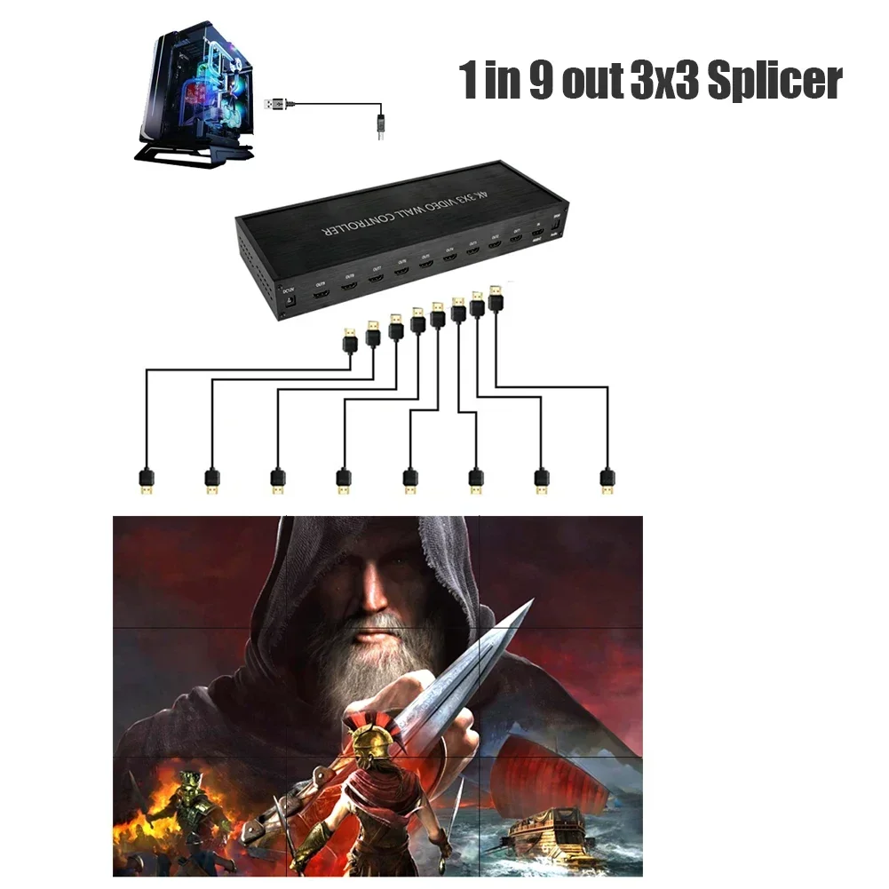 Kontroler ściany wideo 4K 3x3 9 Monitor telewizyjny Splicer ekranu Procesor ścienny 3x2 2x2 1x3 2x3 4x2 2x4 HDMI TV Splicing Box 180 °   Obróć