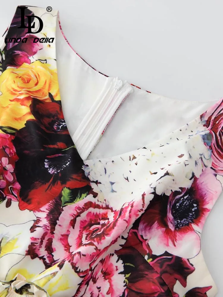 LD LINDA DELLA 2023 New Fashion Runway Summer Dress Women\'s High wais Floral print Sleeveless Vintage Slim Party Midi Dress