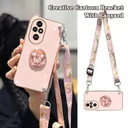 200 Creative Cartoon Bracket Lanyard New Plating Phone Case For Honor 200 200Lite 200Pro 100 100Pro Shatterproof Soft Back Cover