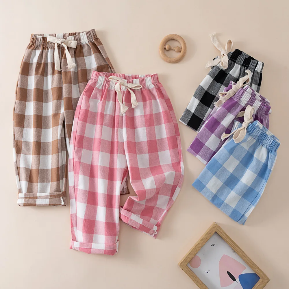 Ins UNITIM Summer Kids Girls Plaid Pant Loose Elastic Waist Children Girls Thin Outwear Pants Casual Breathable 2-8Yrs Girl Pant