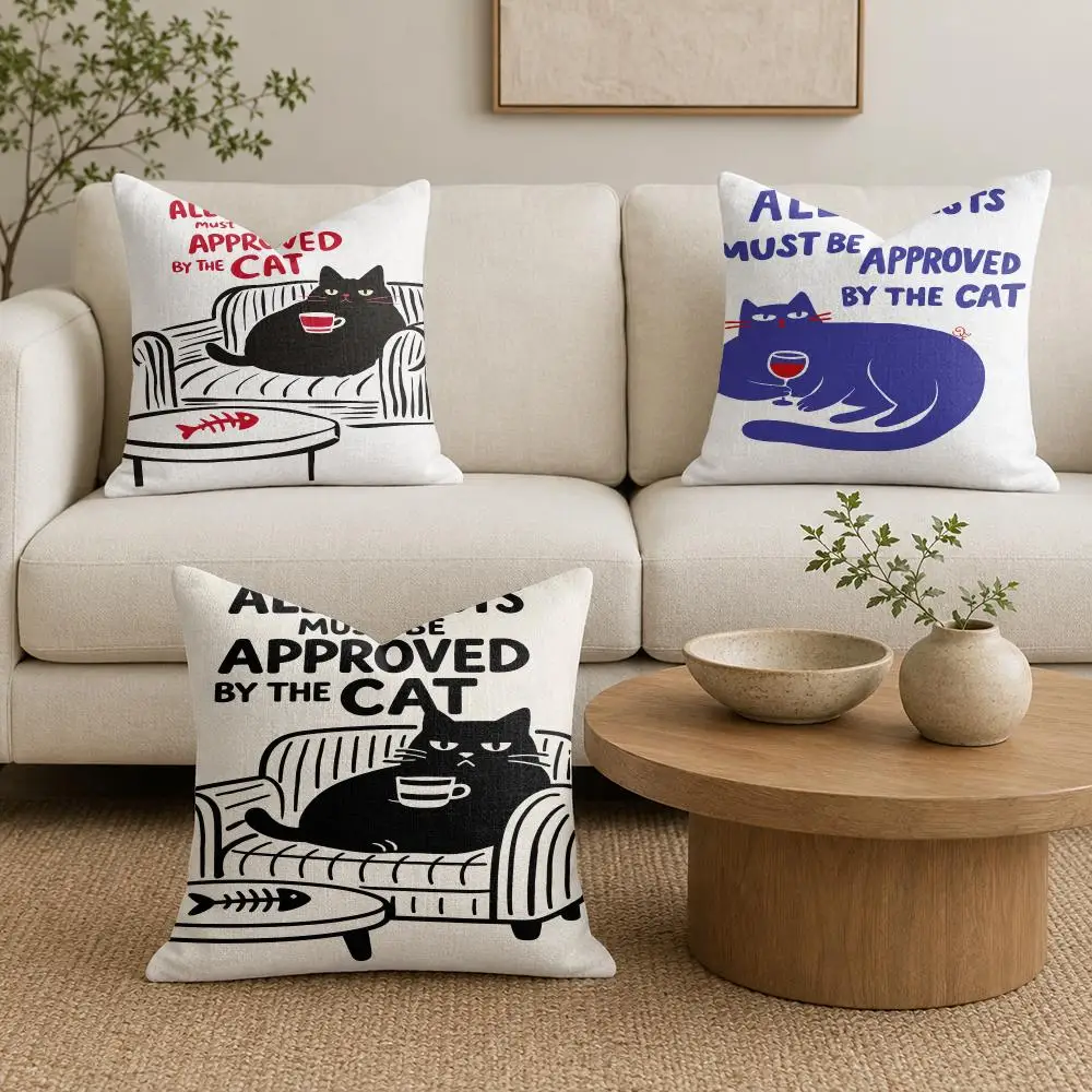 Funny Cat Guest Approval Cushion Cover Natural Linen Organic Fabric Double-Sided Printing Sofa Home Decor Gift Pillow Cover