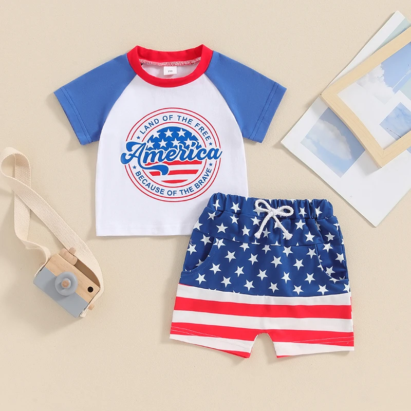 

2024-02-22 Lioraitiin Toddler Baby Boy 4th of July Outfits Short Sleeve Raglan Tops + Shorts Set Summer Clothes