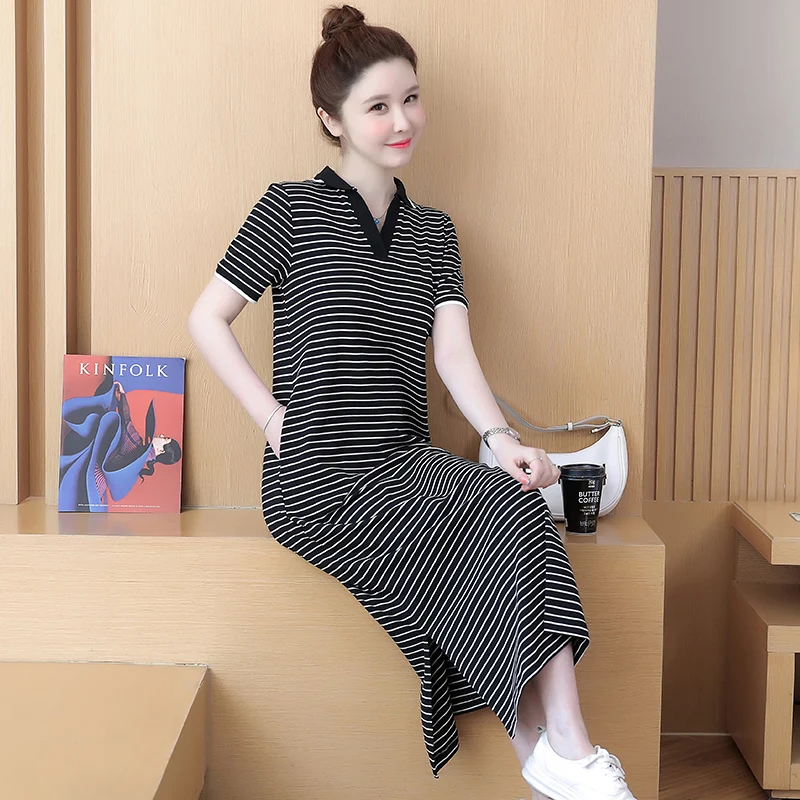 Summer Women Cotton T-shirt Dresses Female lapel Collar Short Sleeve Large Size Elegant A Line Black Stripe Below Knees Vestidos