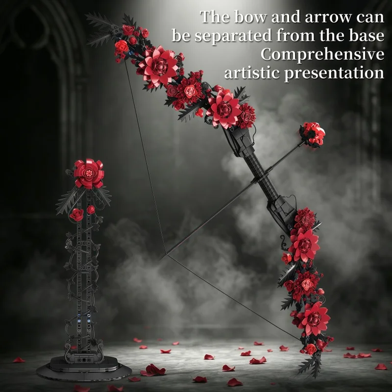 1328-Piece red flower Bow and Arrow Building Block Model with Display Stand, Romantic Rose Decoration Adult DIY Assembly Kit, Pe - view 5