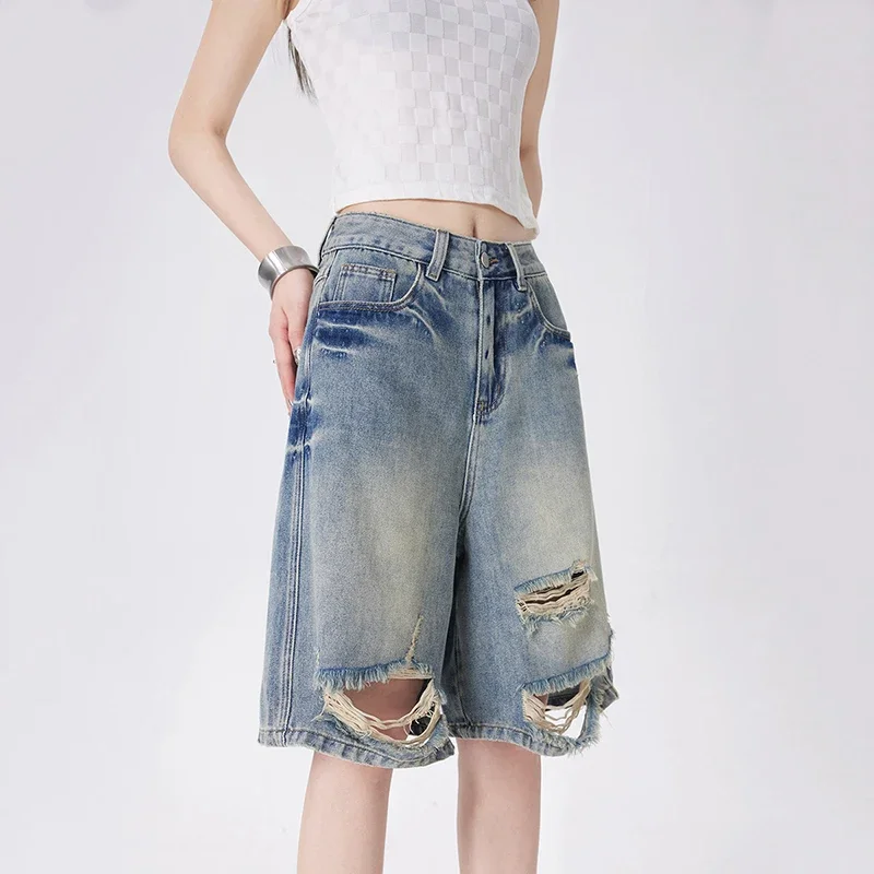 

Retro Wash Jeans Shorts Women Straight Barrel High Waist Perforated Denim Shorts Women's Split Wide Clothing