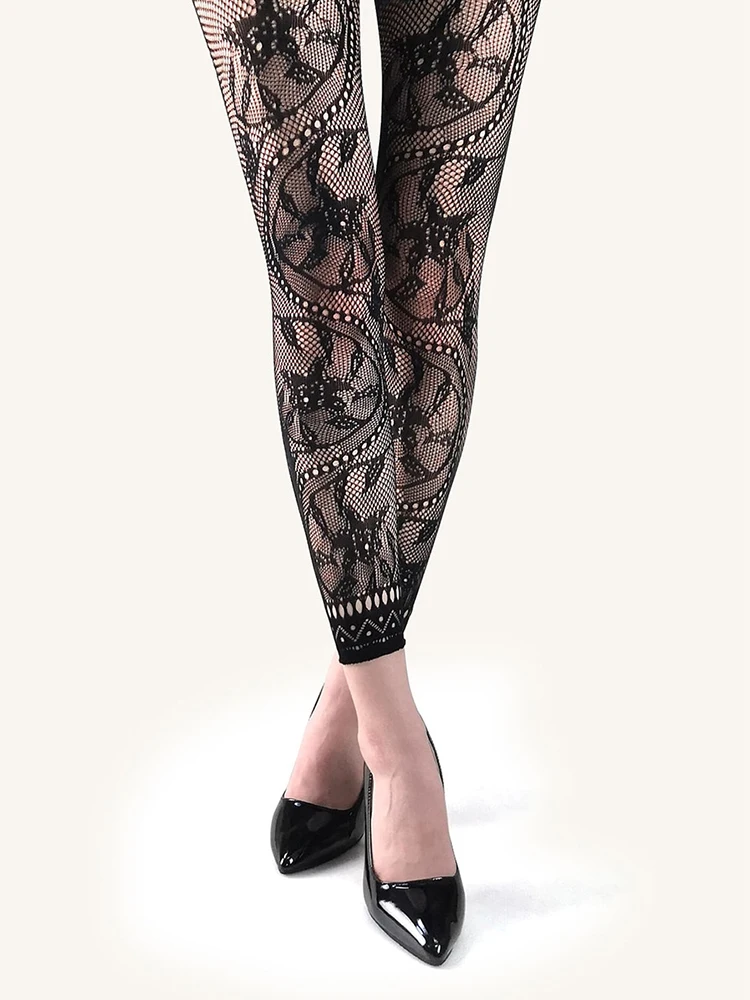 Leggings de jacquard floral retrô fino feminino, malha oca, gostosa geométrica, calças de rede cortadas, atacado, personalidade, verão