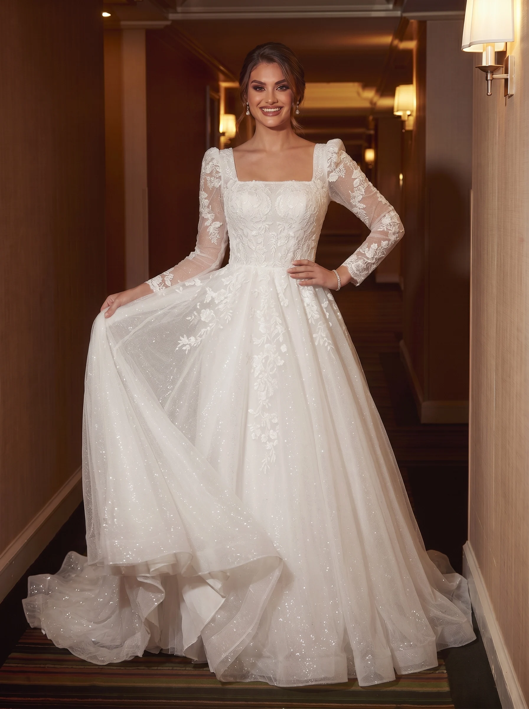 Square Neck Long Sleeve Lace & Sparkle Tulle A-Line Wedding Dress with Floral Appliques and Glitter Skirt Bridal Gown