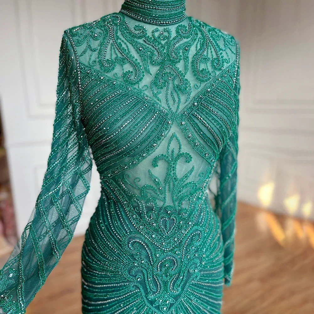 Serene Hill Green High Neck Long Sleeves Muslim Mermaid Evening Dresses Beaded Party Gowns For Women DLA71776 Customized