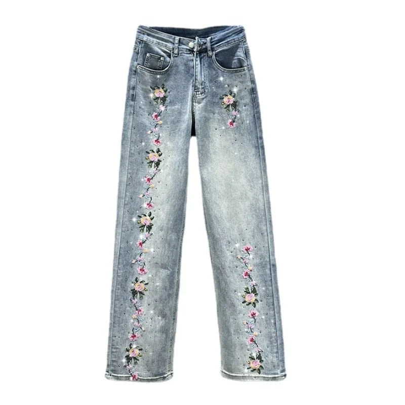 

Ethnic Style Embroidered Jeans for Women Mop Trousers 2024 New Spring and Summer Clothing Thin High Waist Straight Pants