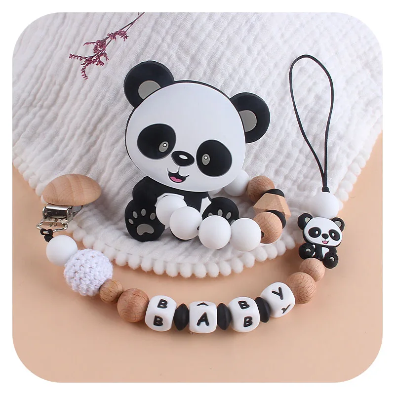 Customized English Silicone Letter Name Baby Pacifier Clip Panda Dummy Chains Newborn Baby Shower Gift