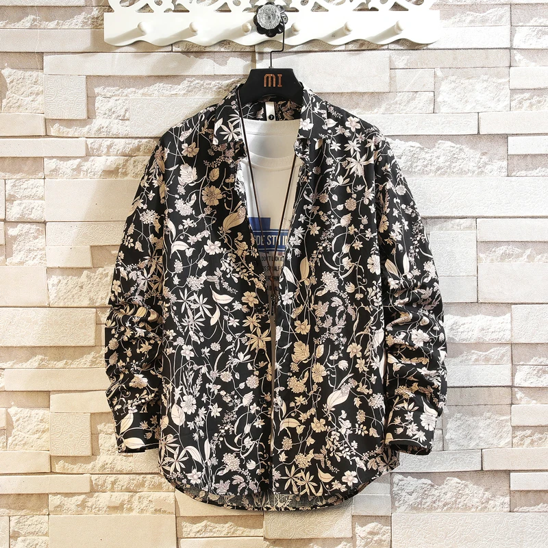 2025 Mens Vintage Shirts Men Hip Hop Print Long Sleeve Shirt Hawaii Shirts Male Flower Cotton Shirts Men Harajuku Blouse