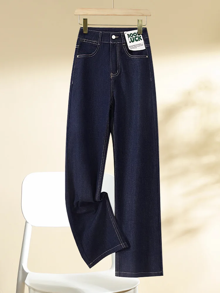 جينز أزرق داكن للنساء والشتاء، مقاس ضيق صغير، ساق مستقيمة، مبطن بالصوف، سروال طويل للتخسيس