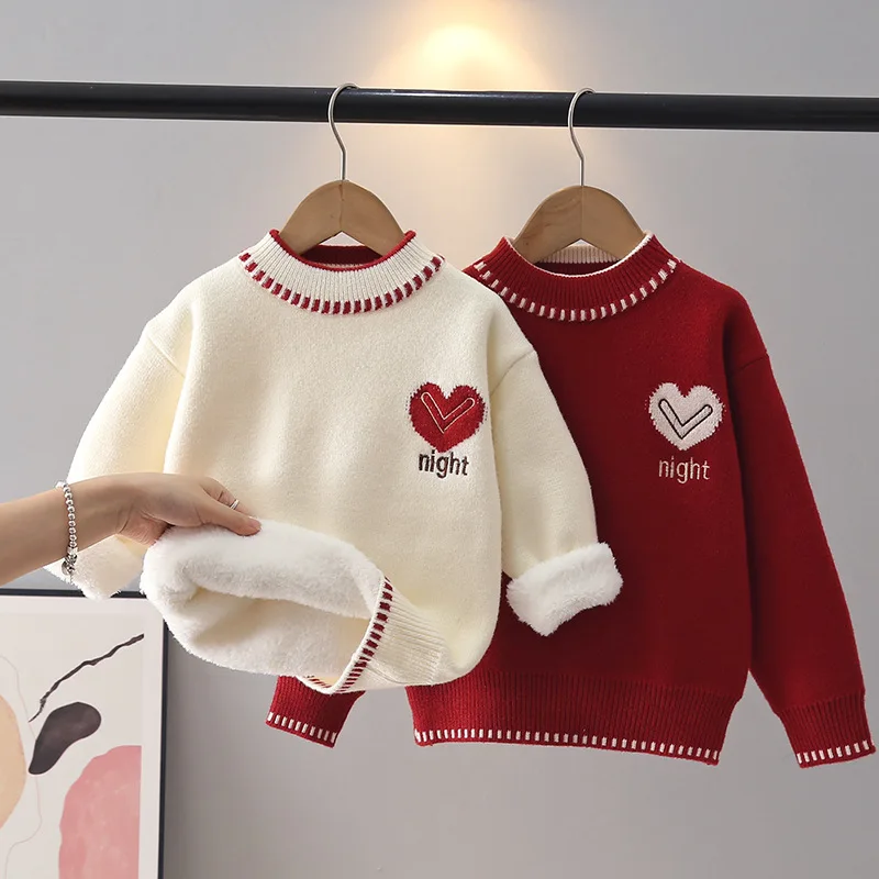 Timeless Heart-shape Pattern Children Sweater Fleece-lined Knit Sweaters Knit Pullover Student Winter Holiday Clothes JY10163