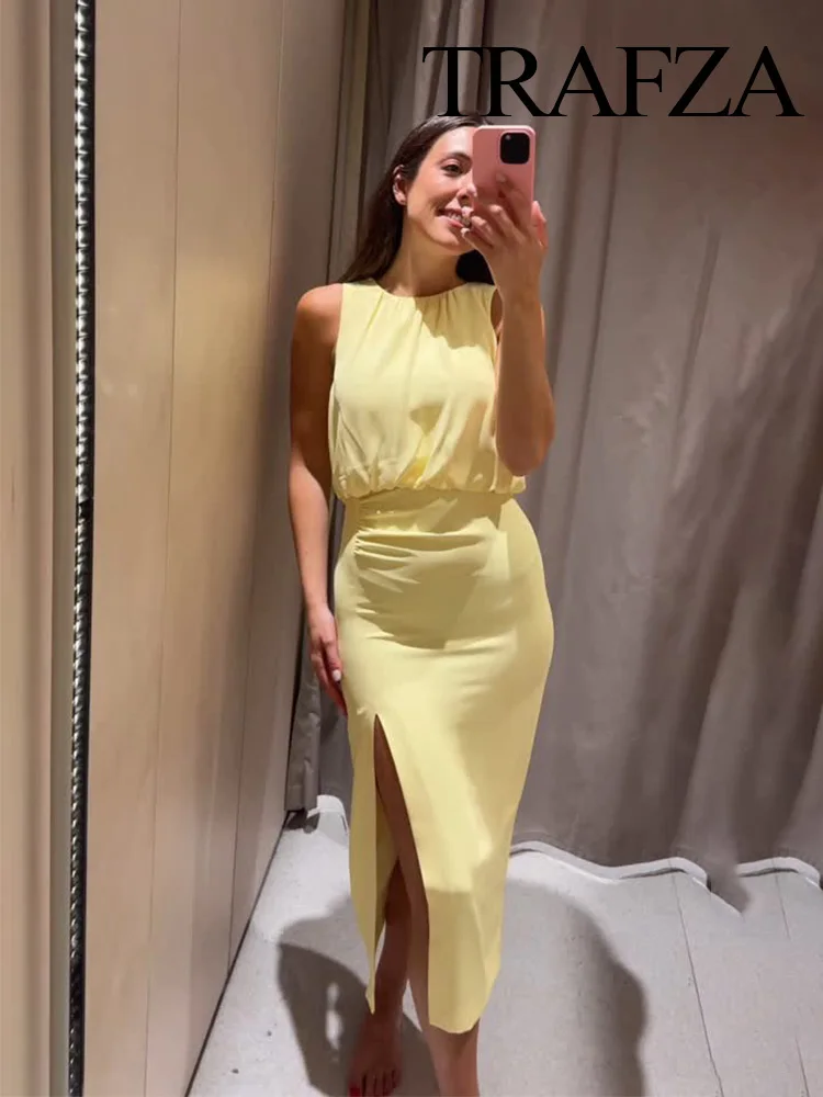 TRAFZA Summer Women Fashion Holiday Style Dress Fold Decoration Sleeveless Split Hem Women's Solid O-Neck Long Dresses 2025