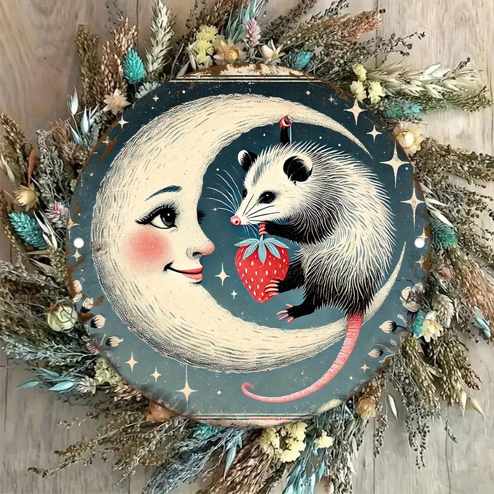2D Flat - 1pc Vintage Round Metal Wall Art - Moon & Possum Strawberry Night Theme, 8x8 Inch Iron Sign with Whimsical Design, Per