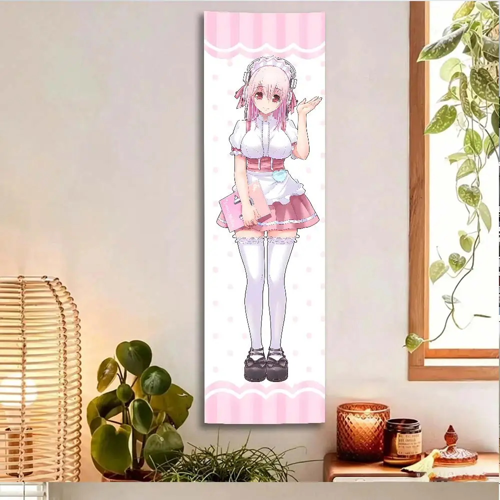 Tapiz Vertical de Super Sonico Maid, Pergamino de Pared con Lunares Rosados, Decoración Colgante Larga de Anime Kawaii para Dormitorio, Habitación de Otaku
