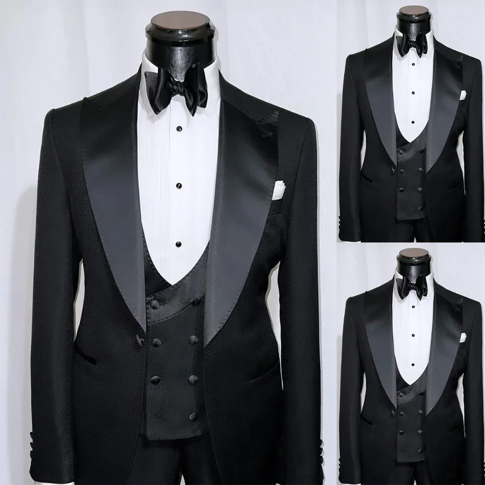 Black Men Suits 3 Piece Fashion Single Button Satin Peak Lapel Tuxedo Slim Fit Party Groom Wedding Formal Elegant Costume Homme