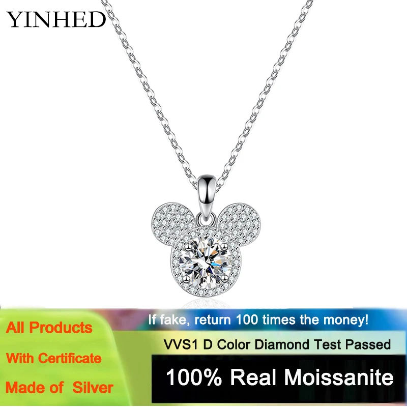 Yanleyu Lovely Mickey Pendant Necklace for Girls Women Pure 925 Sterling Silver 1.0CT Moissanite Necklace Jewelry Birthday Gift