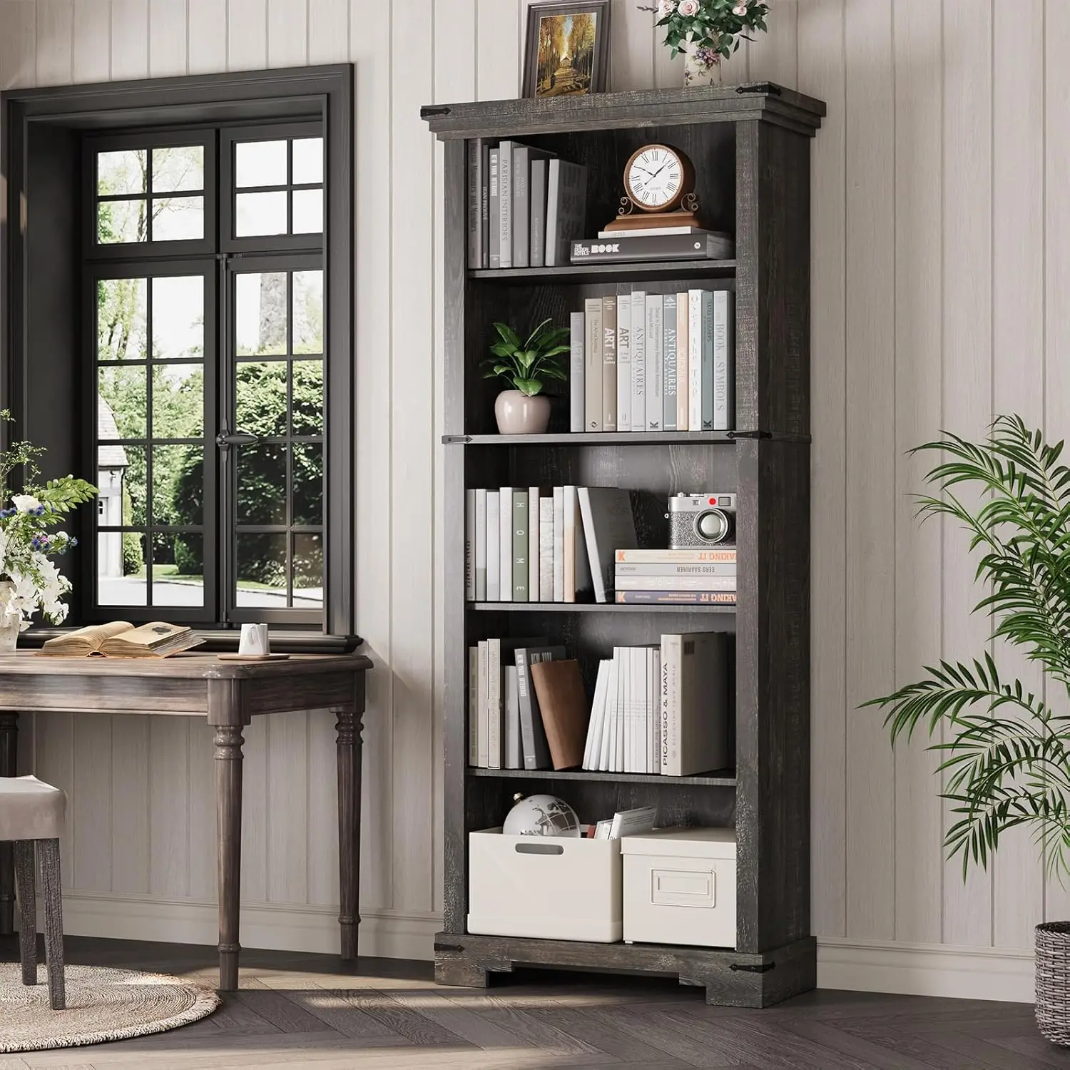 

5-Tier Farmhouse Bookshelf, 61.1 inch Tall Bookcase with Storage & Unique Design & One Adjustable Shelf, Wooden Bookshel