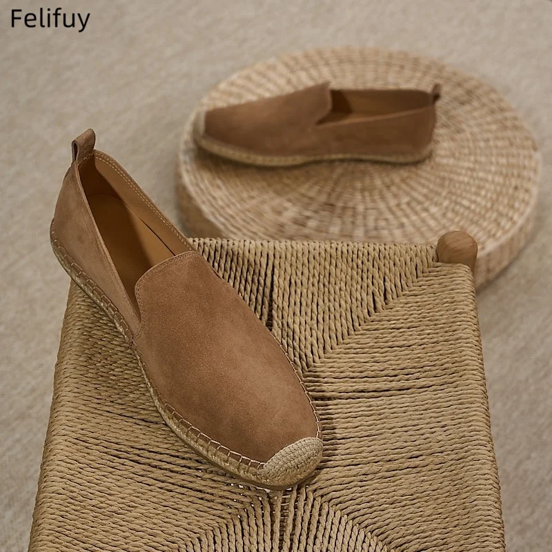 Men Sewing Real Leather Shoes Slip on Loafers Casual Shoes Man linen Grass Woven Flat Shoes Squre Toe Fisherman Driving Footwear