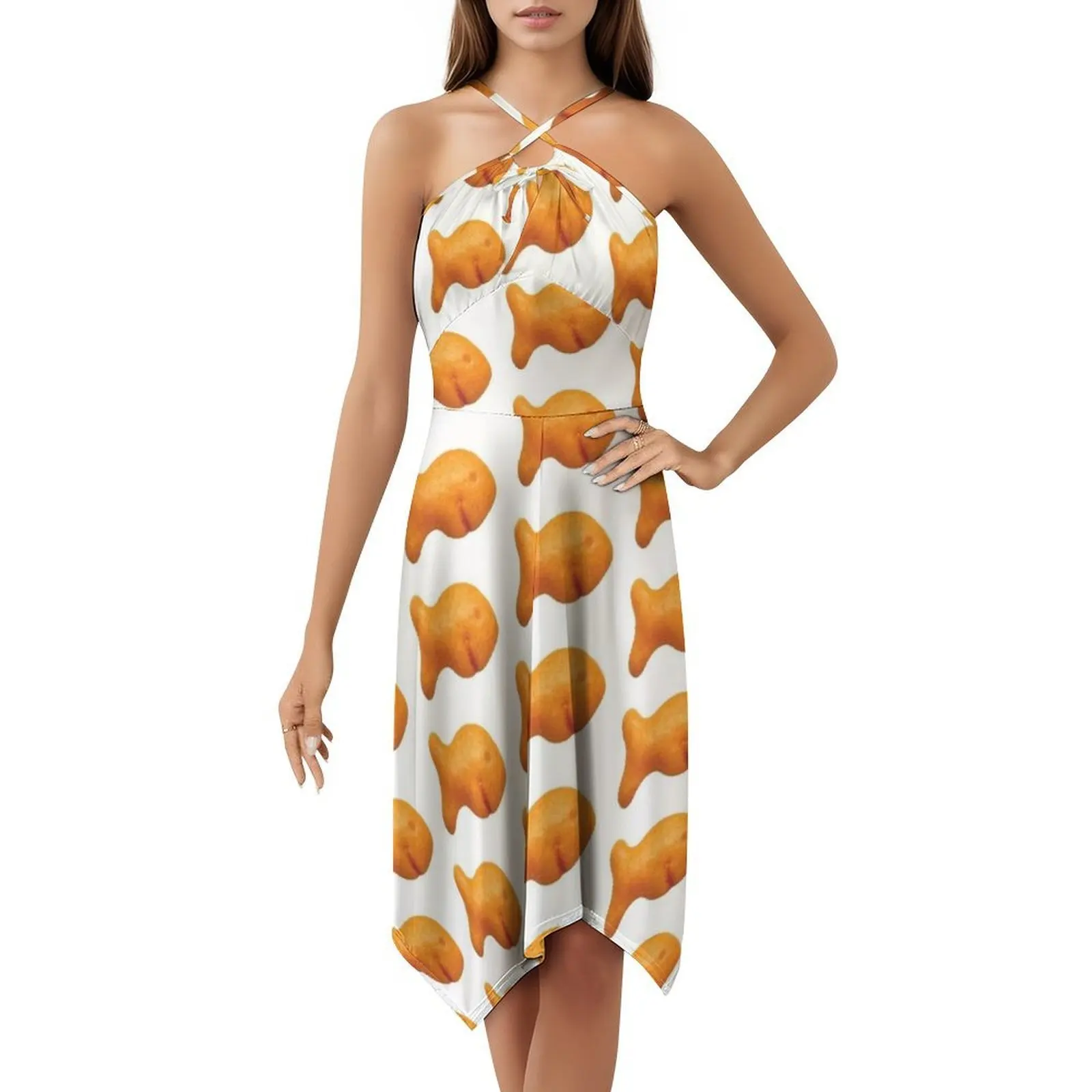 Goldfish cracker boêmio vestido sem mangas para mulheres impressão praia vestidos de festa goldfish goldfish cracker cracker roupas femininas