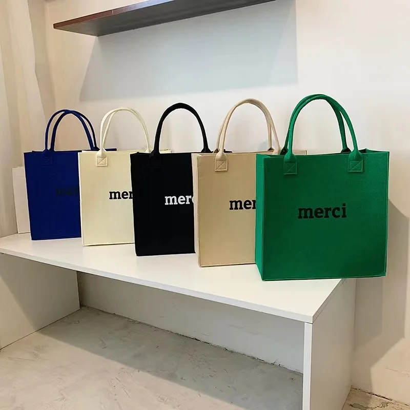 Merci Felt Tote Bag Fashion Women Handbag Gift Wedding Party Girls Trip 31x31x14cm Christmas Travel Merci Text Custom Logo