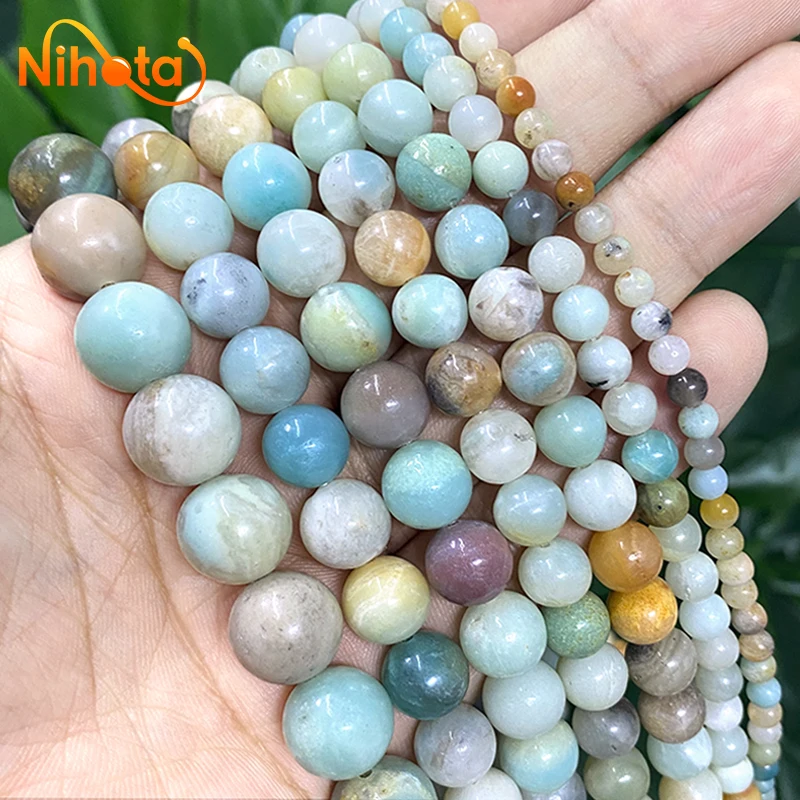 Natura Stone Smooth Mixed Amazonite Round Beads for Jewelry Making Diy Bracelet Accessories 15\