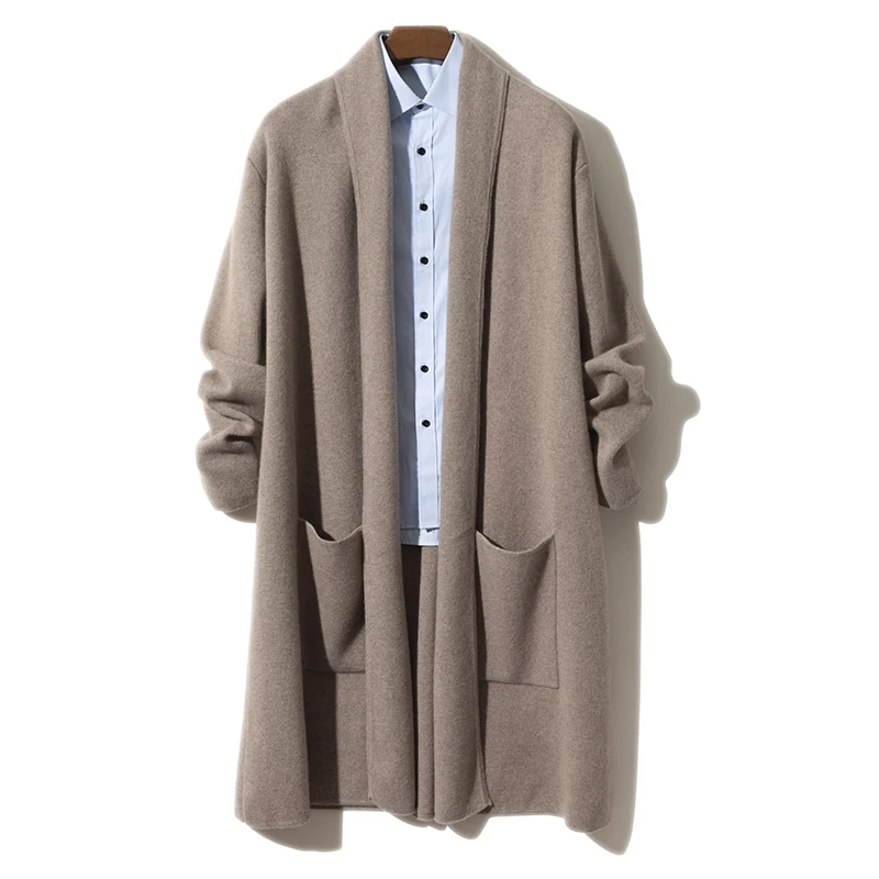 

Мужской кардиган из 100% чистого кашемира, вязаный, свободного кроя, с отложным воротником, стильный, модный, люксовый, удлиненный.