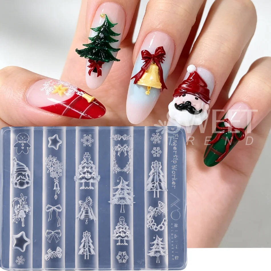 1/2pcs 3D Christmas Nail Silicone Molds Snowflake Xmas Tree Bow Santa Gingerbread Man DIY Nail Carving Template Manicure Tools