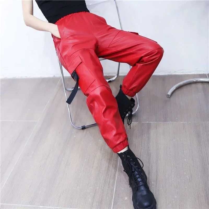 Tajiyane Genuine Sheepskin Leather Pants Women Real Leather Cargo Pants High Waist Trousers Korean Streetwear Pantalons Femmes