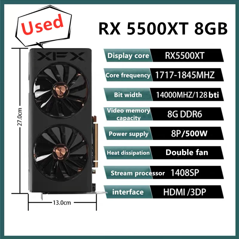 Imagem -02 - Xfx-rx 5500xt Placa Gráfica 8gb Gpu Amd Radeon rx 5500 Rx5500xt Gddr6 128 Bit Desktop pc Jogo de Computador