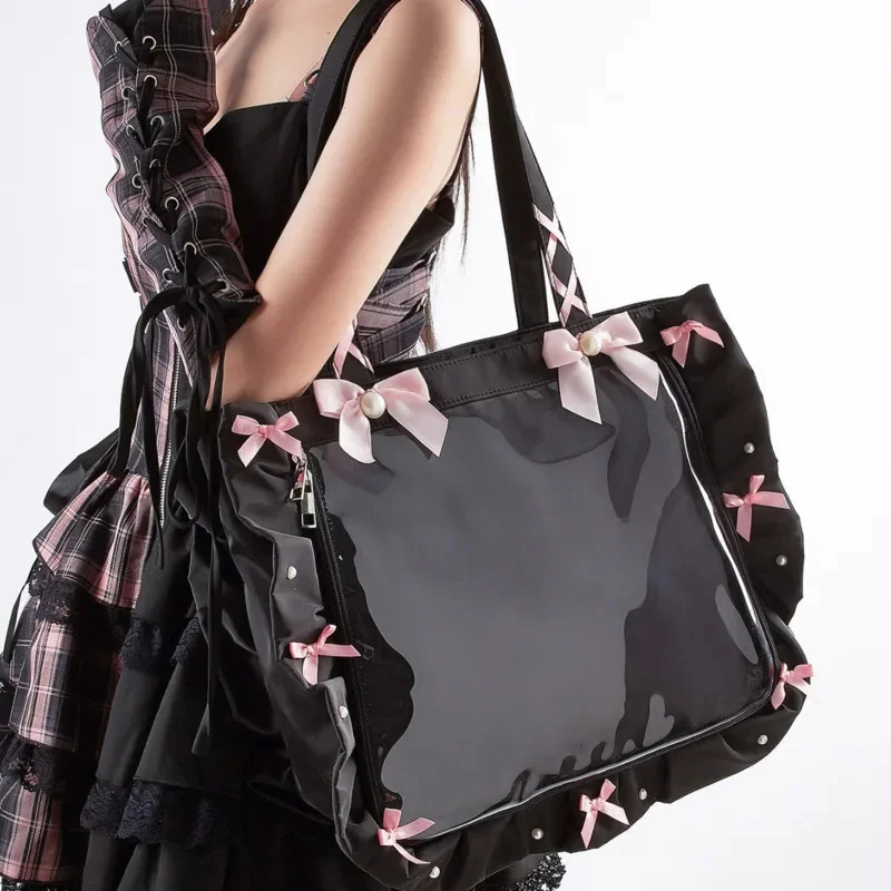 Landmine Bow Tie Itabag Japan Ruffle Edge Ribbon Hand-held Shoulder Tote Bag Badge Bar High Capacity Zip Bag Women's Handbag New