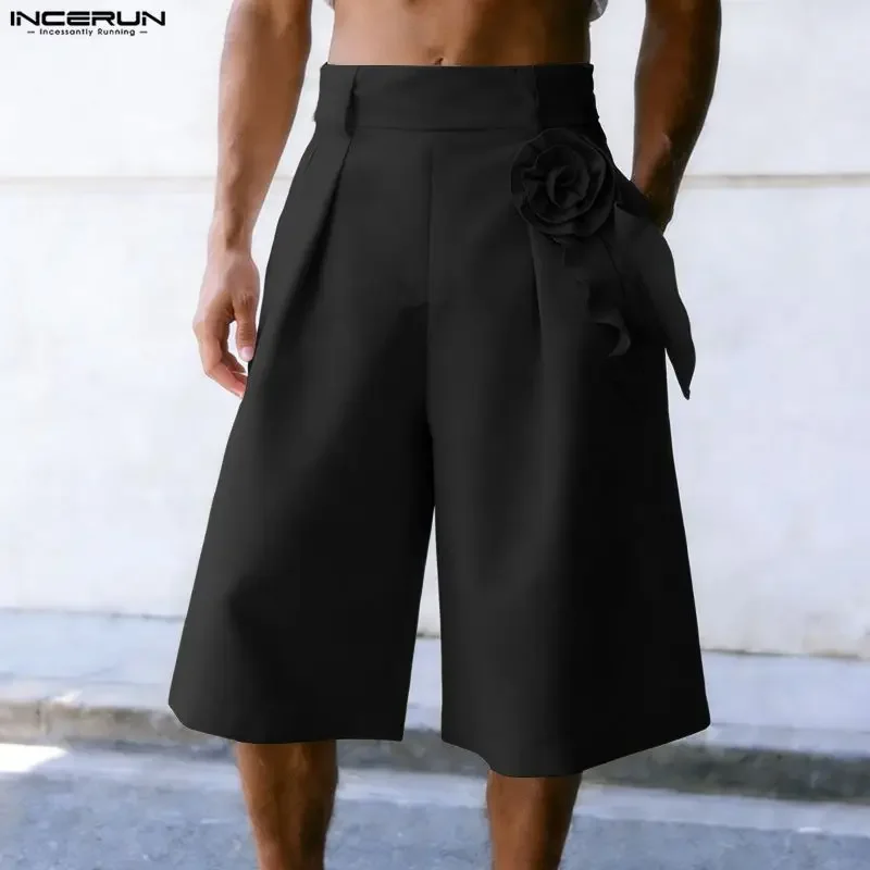 

INCERUN Men Shorts Flower Decoration Solid Color High Waist Men Bottoms Streetwear Baggy 2026 Fashion Casual Wide Leg Shorts Men