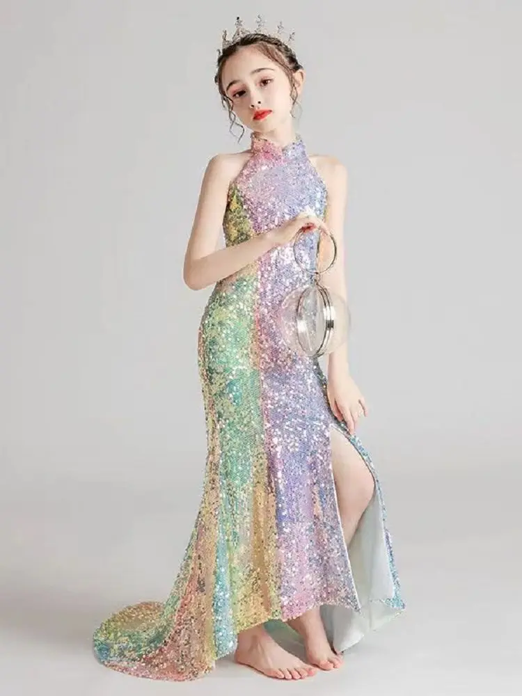 Girls Sequin Long Prom Dress Sparkle Evening Graduation Performance Dress Kids Teen Birthday Party Gown Floor-length Tail Dress