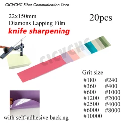 20pcs Diamond Lapping Film Knife Sharpening with self-adhesive backing, 22x150mm, #180 to #15000 Grite Size for Metal, Fiber