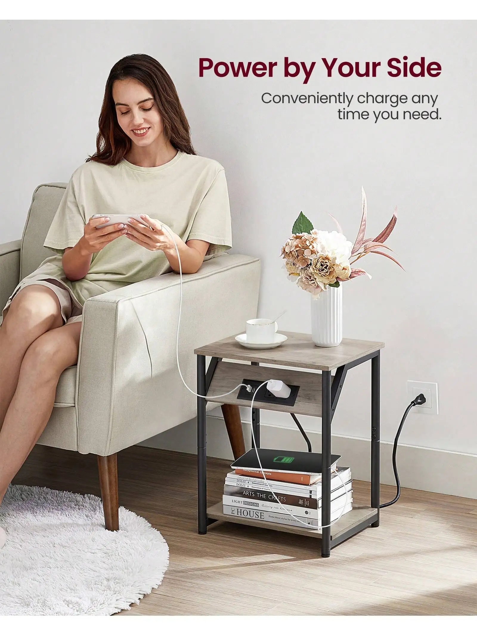 VASAGLE End Table With Charging Station, Small Side Table For Living Room, Bedroom, Nightstand With Outlets And USB Ports, Be