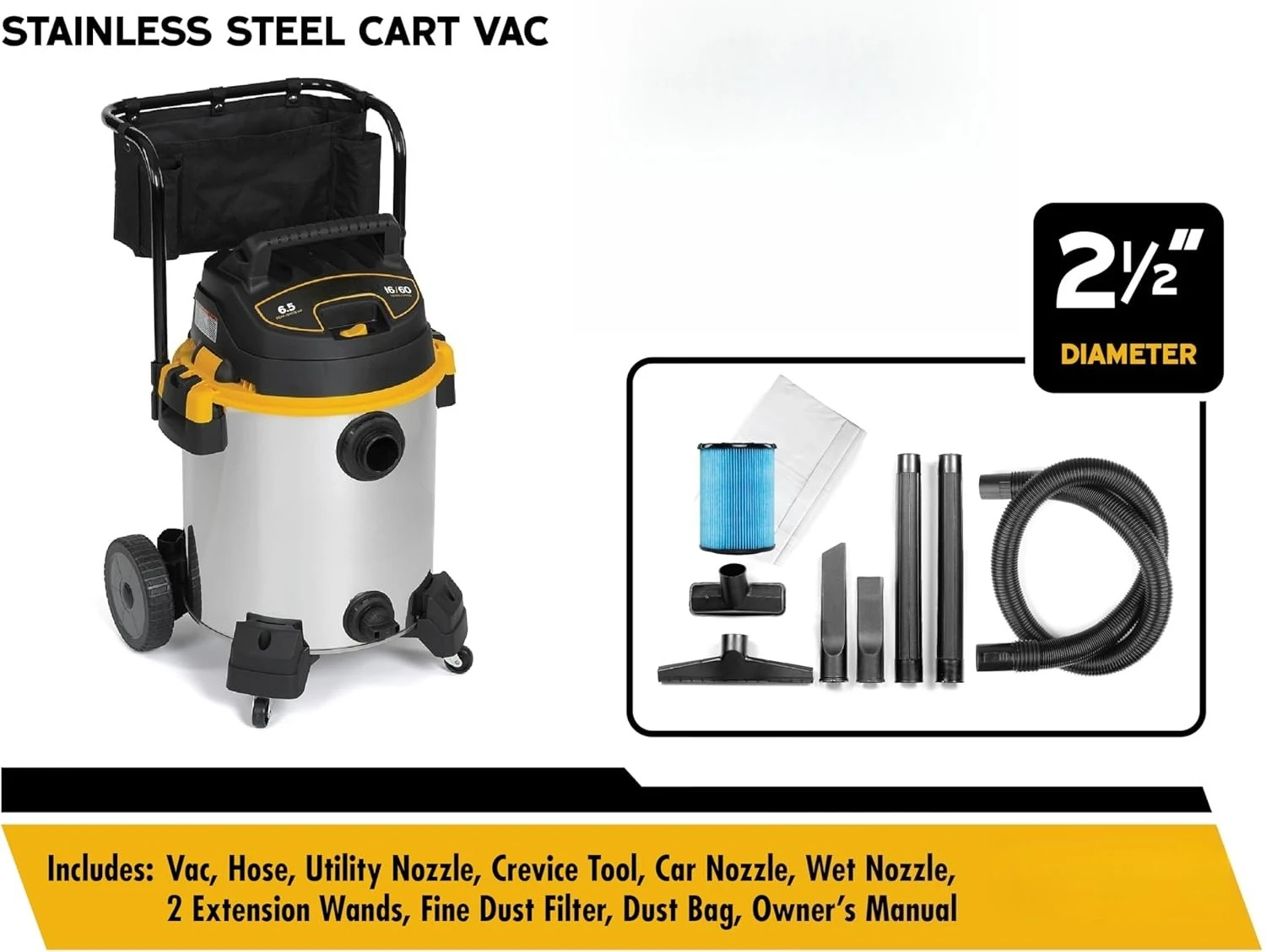 ZZC-16-Gallon 6.5 Peak HP مكنسة كهربائية رطبة وجافة من الفولاذ المقاوم للصدأ مع فلتر، كيس غبار، خرطوم، مرفقات وعربة ثقيلة #2