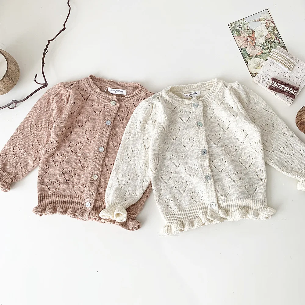 

2023 Autumn Baby Sweaters Heart Hollow Out Infant Cardigans O Neck Knitwear