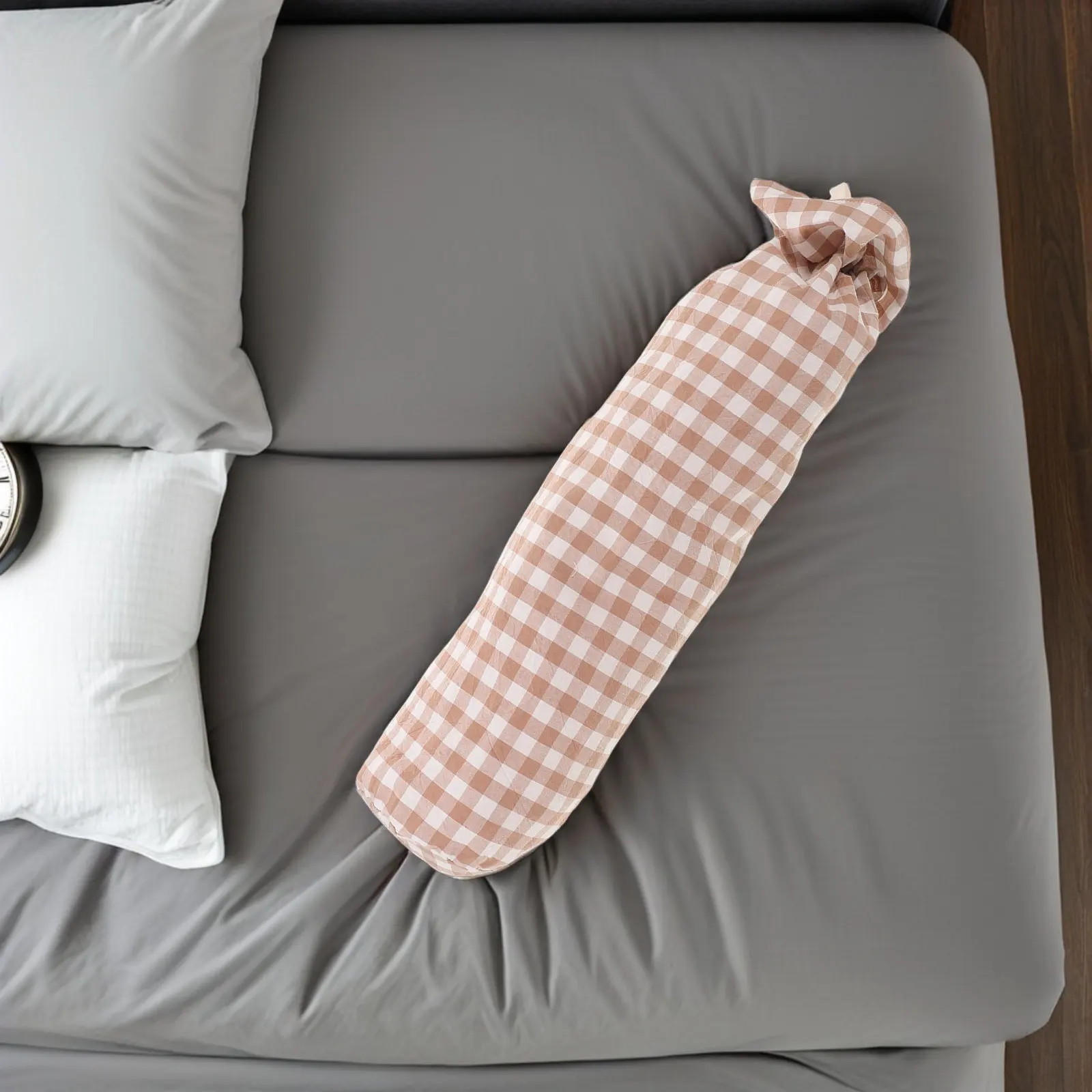 Round Cotton Pillow Cover Checked Soft Neck Roll Pillowcase 15.8x4in Cylindrical Pillow Cushion Cover Bedroom Sofa Khaki