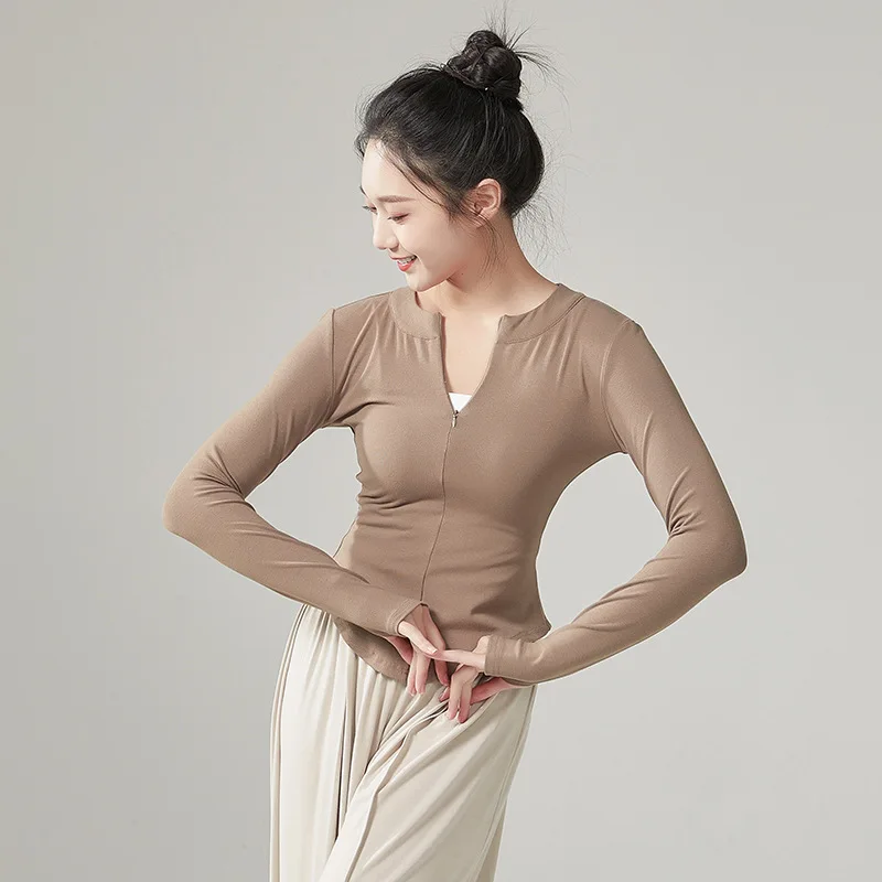 Modern dance V-neck knitted slim-fit cover finger zipper long-sleeved top classical dance autumn and winter practice clothes