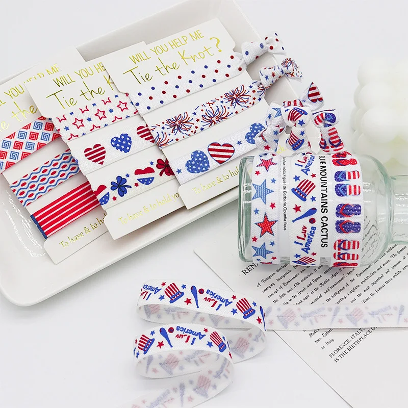 

15Pcs Independence Day Heart Star Dots flag Red Blue Printed FOE Hair Ties Elastic Hair Bands Hair Accessories Headband